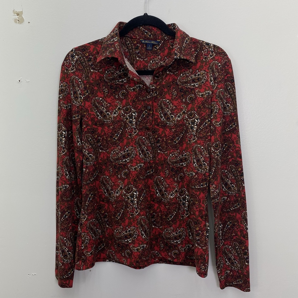 Brooks Brothers Polo Shirt Womens Small Red Paisley Long Sleeve Stretch Top